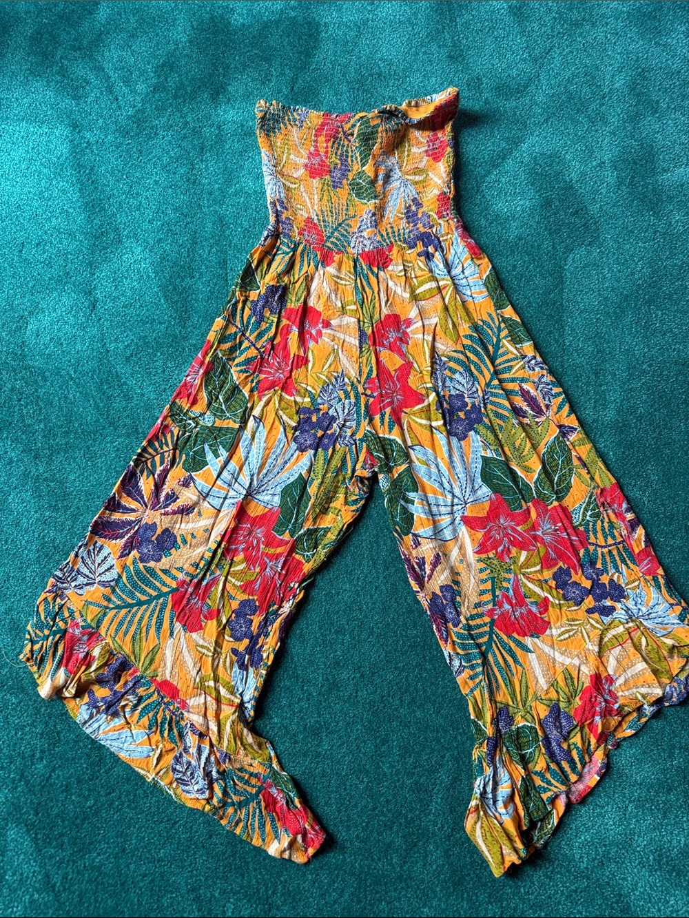 Angie Mustard Tropical Strapless Smocked Wide-Leg Jumpsuit